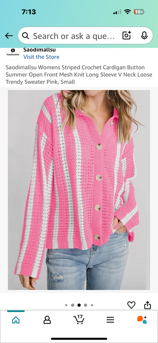 Women’s Striped Crochet Cardigan Button Sweater, Open Front Mesh Knit Long Sleeve V Neck Loose Sweater, Pink (Size Small)