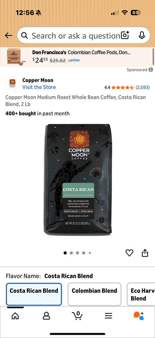 Copper Moon Medium Roast Whole Bean Coffee, Costa Rican Blend, 2 Lb