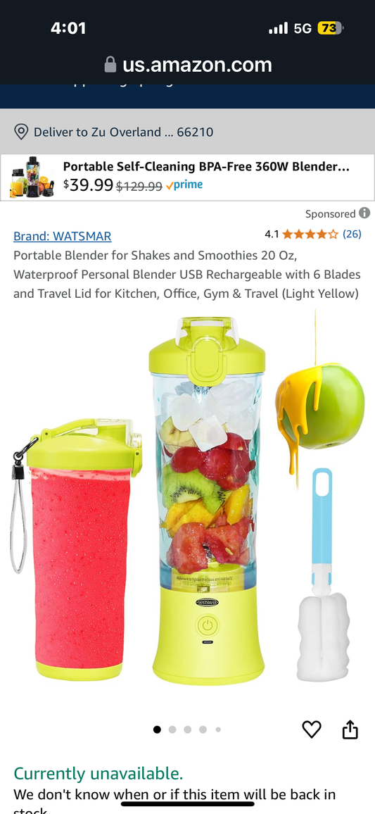 Portable Blender for Shakes and Smoothies 20 Oz, Waterproof Personal Blender USB Rechargeable with 6 Blades and Travel Lid for Kitchen, Office, Gym & Travel (Light Yellow