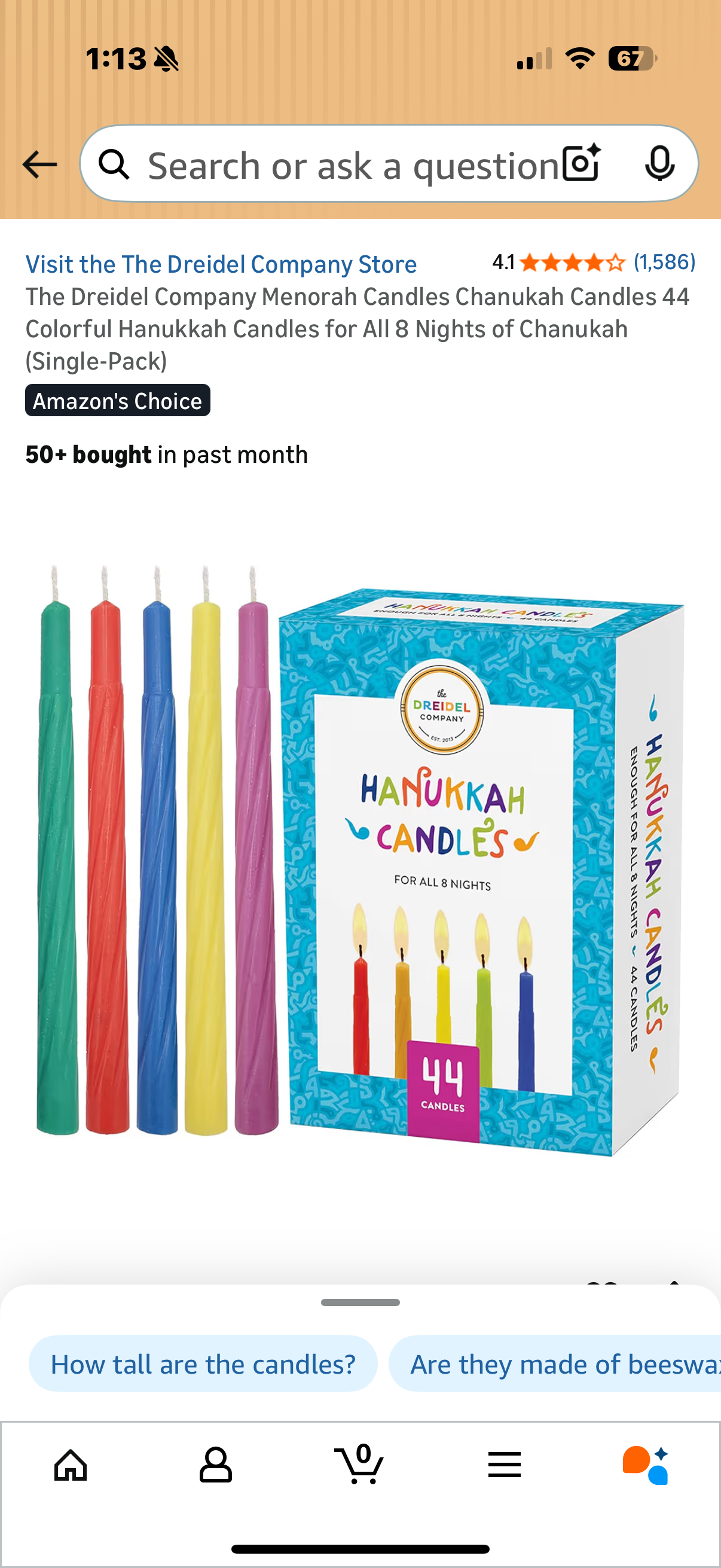 The Dreidel Company Menorah Candles Chanukah Candles 44 Colorful Hanukkah Candles for All 8 Nights of Chanukah (Single-Pack)