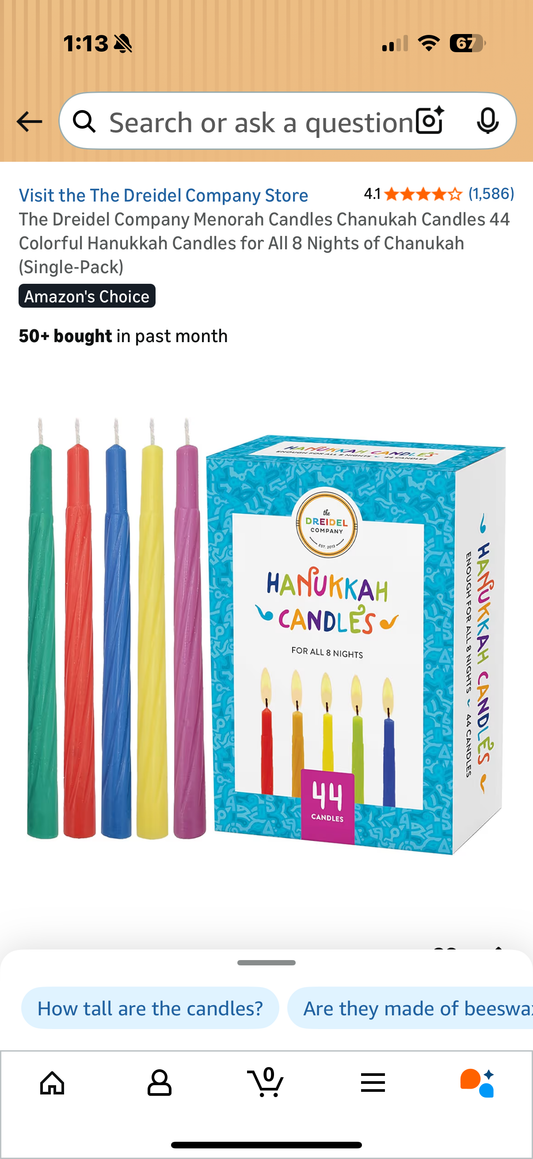 The Dreidel Company Menorah Candles Chanukah Candles 44 Colorful Hanukkah Candles for All 8 Nights of Chanukah (Single-Pack)