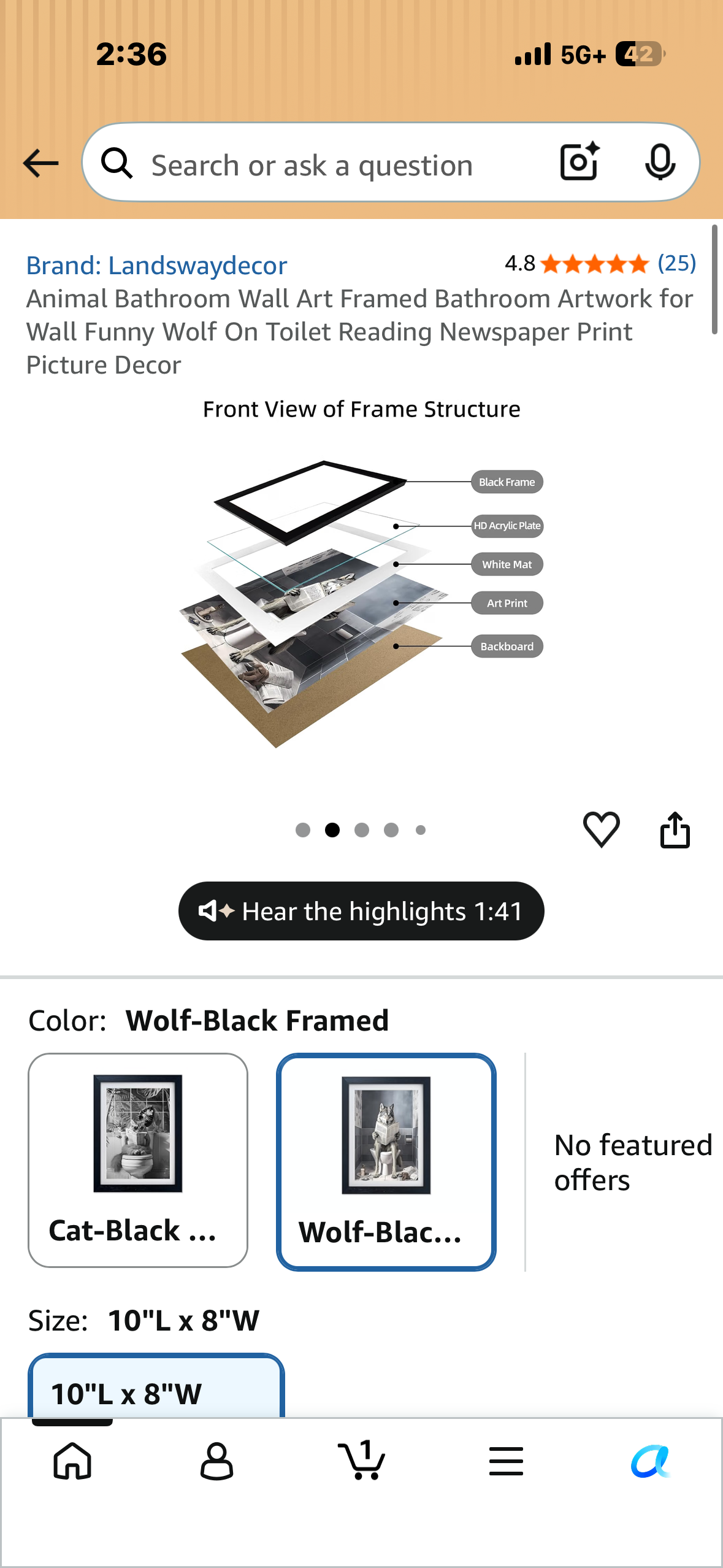 Animal Bathroom Wall Art Framed Bathroom Artwork for Wall Funny Wolf On Toilet Reading Newspaper Print Picture Decor