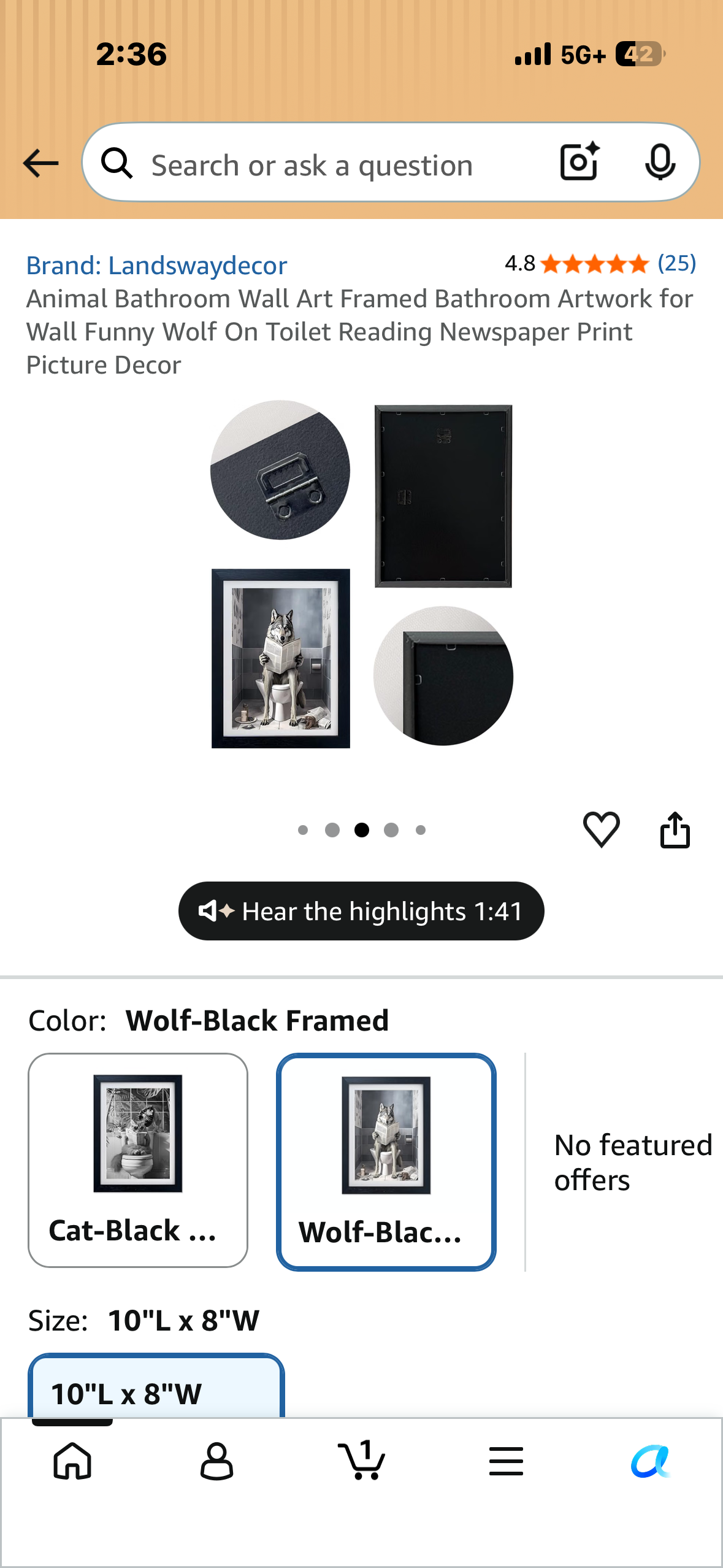 Animal Bathroom Wall Art Framed Bathroom Artwork for Wall Funny Wolf On Toilet Reading Newspaper Print Picture Decor