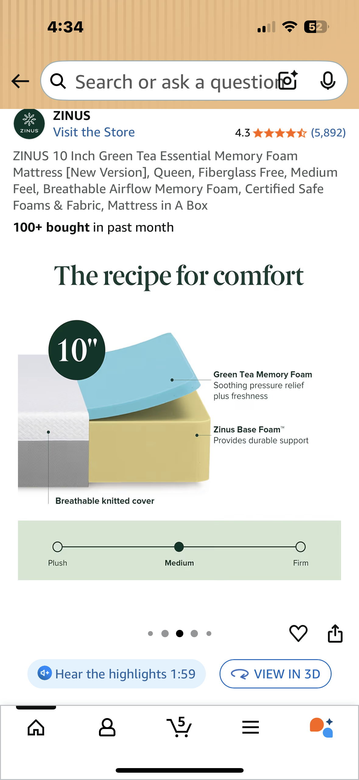 ZINUS Queen Size Green Tea Memory Foam Mattress (B1134)