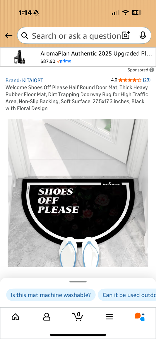 Welcome Shoes Off Please Half Round Door Mat, Thick Heavy Rubber Floor Mat, Dirt Trapping Doorway Rug for High Traffic Area, Non-Slip Backing, Soft Surface, 27.5x17.3 inches, Black with Floral Design