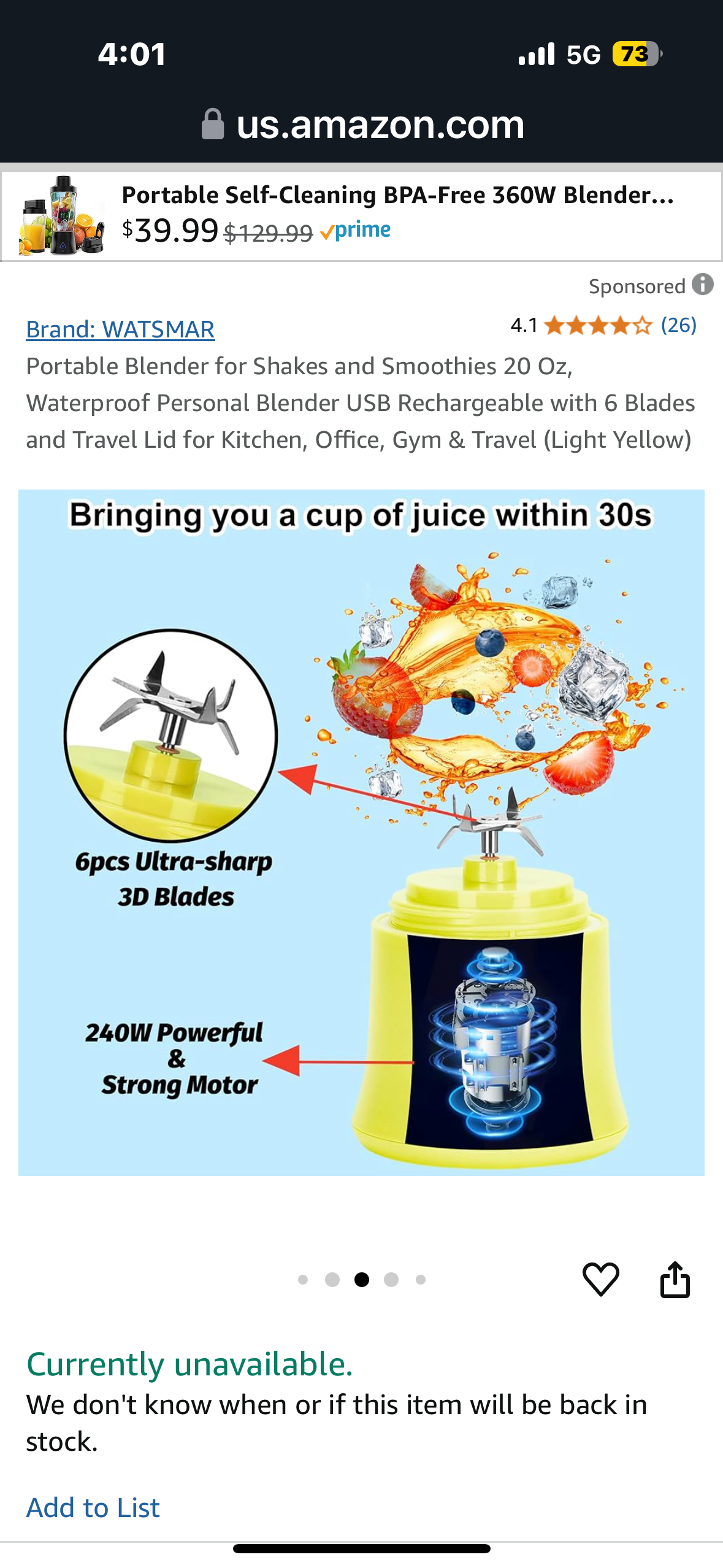 Portable Blender for Shakes and Smoothies 20 Oz, Waterproof Personal Blender USB Rechargeable with 6 Blades and Travel Lid for Kitchen, Office, Gym & Travel (Light Yellow