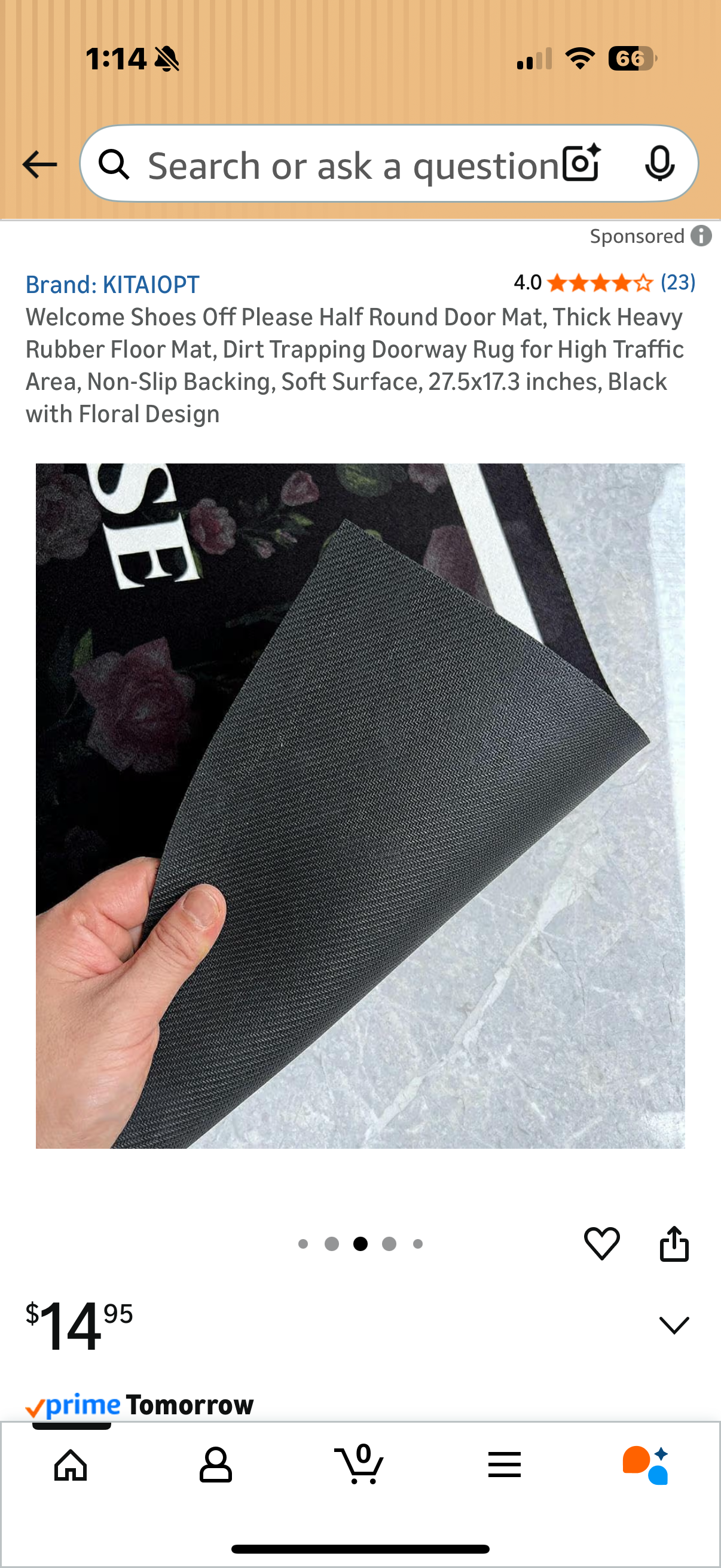 Welcome Shoes Off Please Half Round Door Mat, Thick Heavy Rubber Floor Mat, Dirt Trapping Doorway Rug for High Traffic Area, Non-Slip Backing, Soft Surface, 27.5x17.3 inches, Black with Floral Design