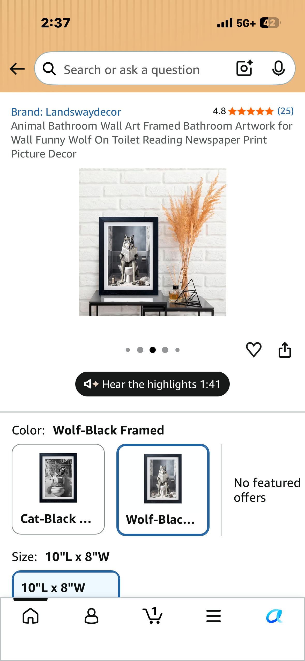 Animal Bathroom Wall Art Framed Bathroom Artwork for Wall Funny Wolf On Toilet Reading Newspaper Print Picture Decor