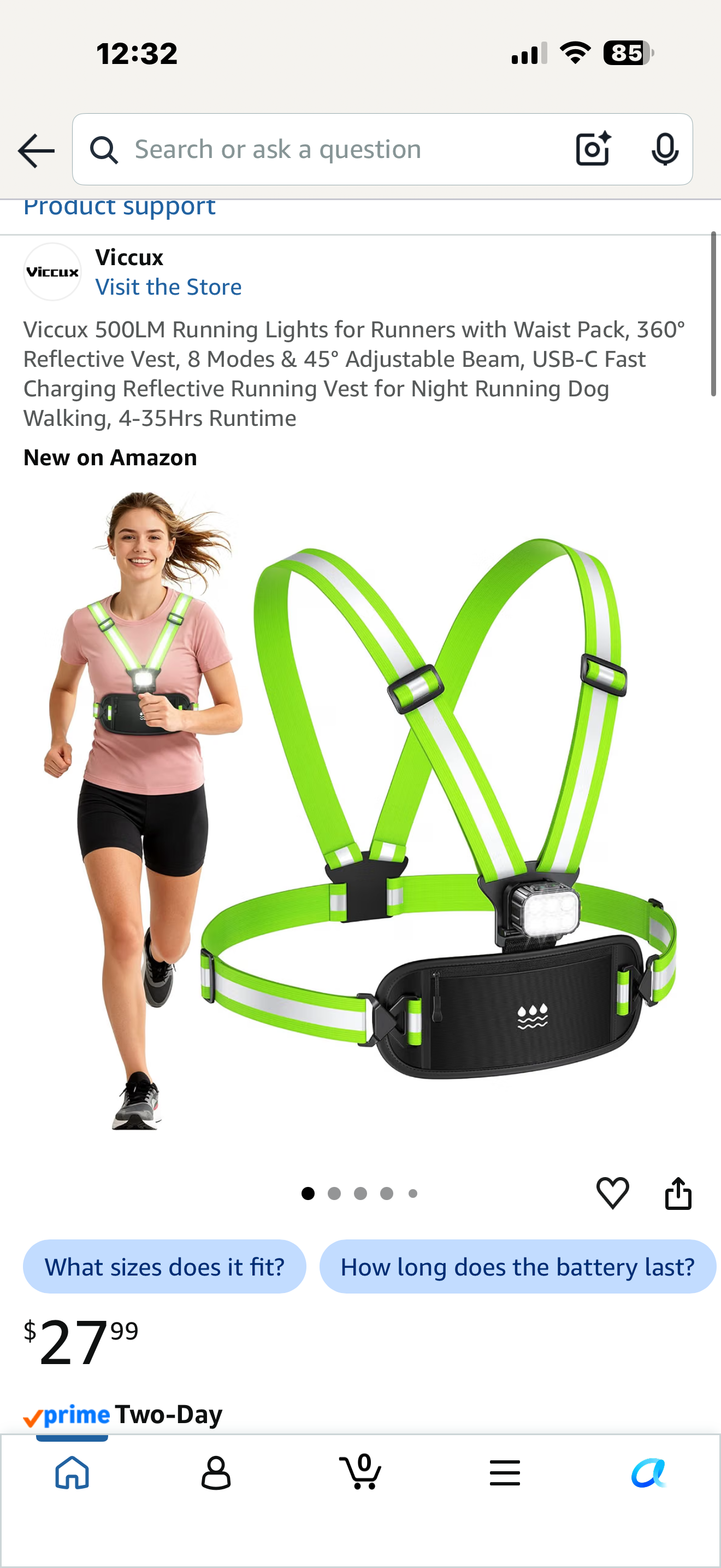 Viccux 500LM Running Lights for Runners with Waist Pack, 360° Reflective Vest, 8 Modes & 45° Adjustable Beam, USB-C Fast Charging Reflective Running Vest for Night Running Dog Walking, 4-35Hrs Runtime