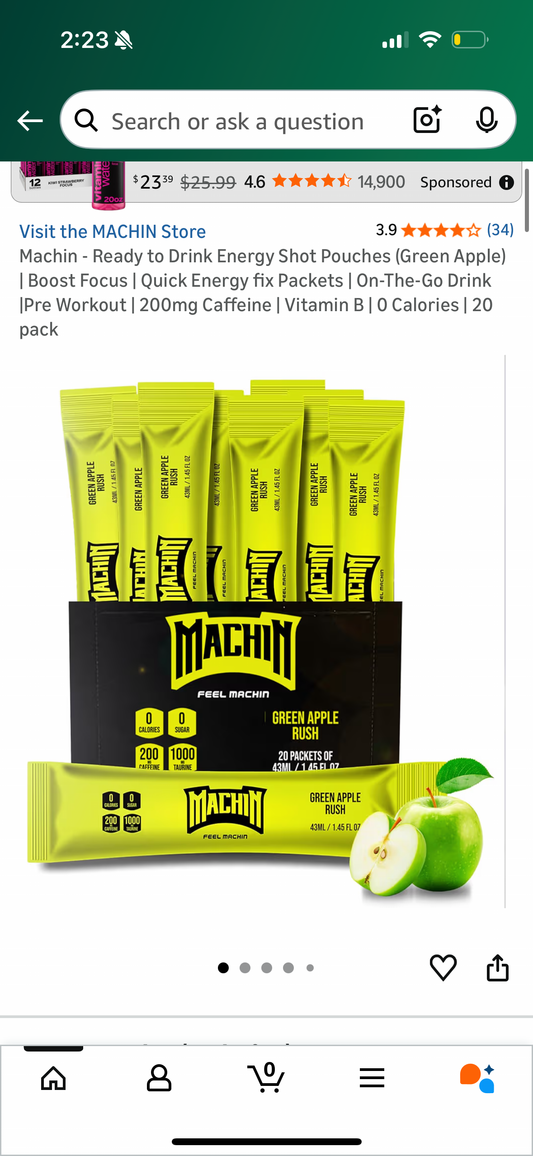 Machin - Ready to Drink Energy Shot Pouches (Green Apple) | Boost Focus | Quick Energy fix Packets | On-The-Go Drink |Pre Workout | 200mg Caffeine | Vitamin B | 0 Calories | 20 pack