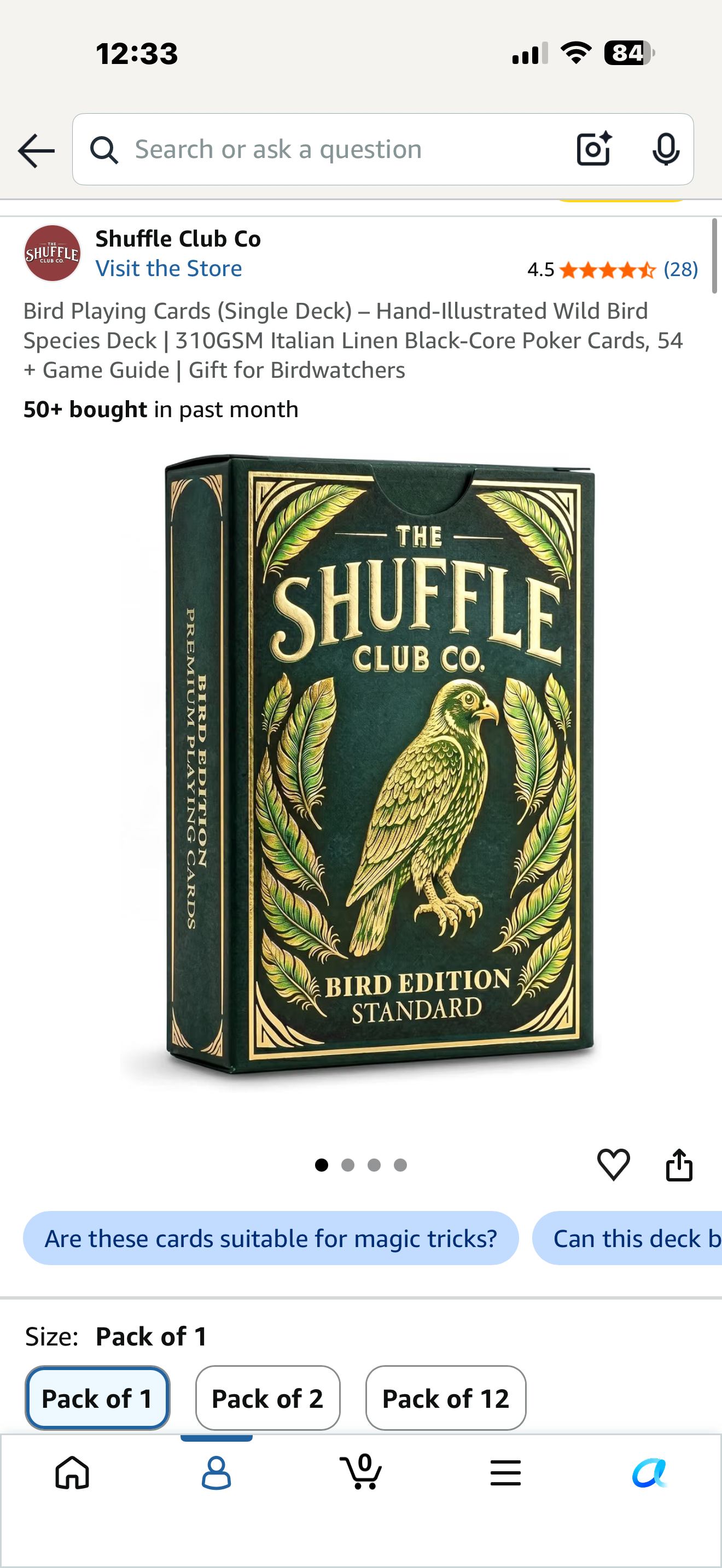 Bird Playing Cards (Single Deck) – Hand-Illustrated Wild Bird Species Deck | 310GSM Italian Linen Black-Core Poker Cards, 54 + Game Guide | Gift for Birdwatchers