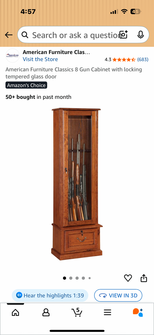 American Furniture Classics 8 Gun Cabinet with locking tempered glass door (R713)