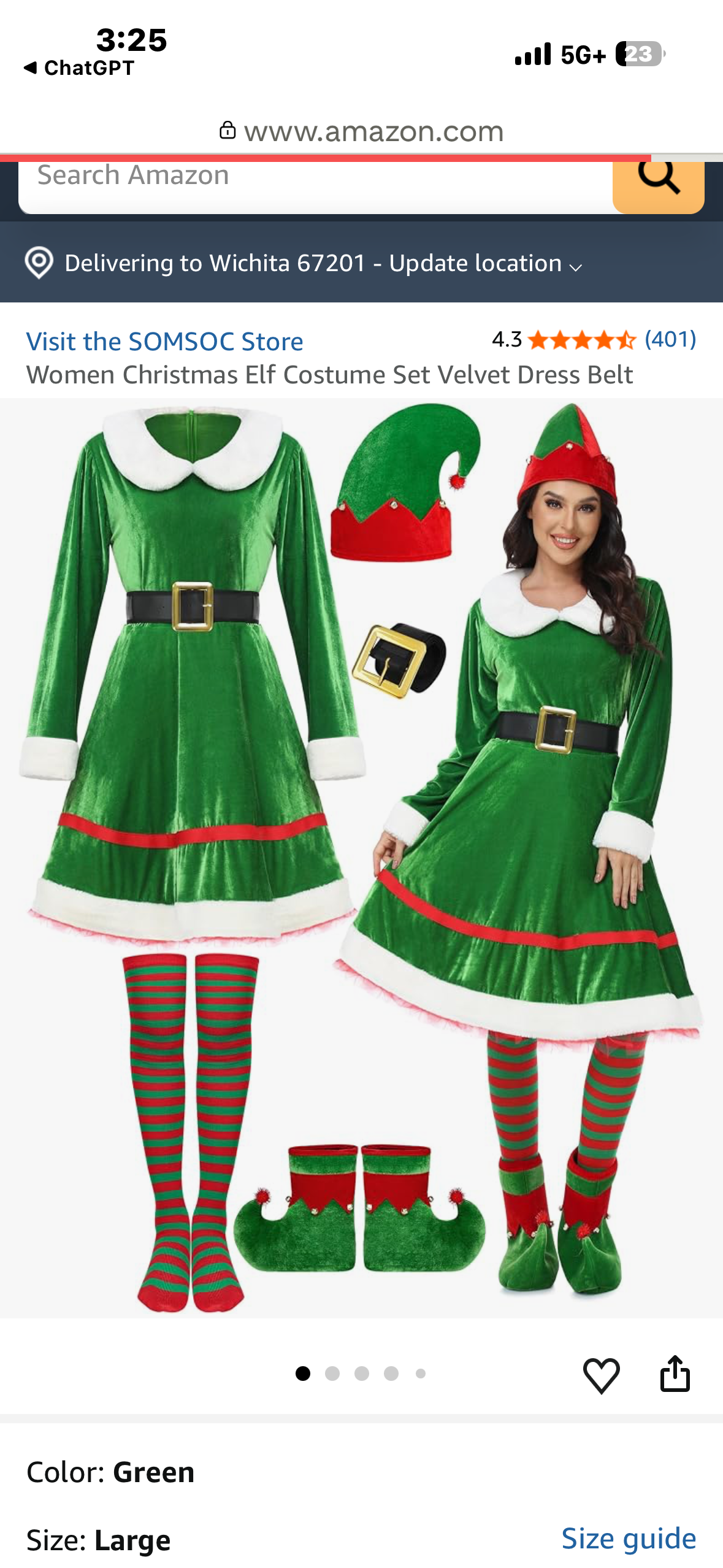 5 Piece Women’s Christmas Elf Costume Set, Velvet Dress, Belt, Striped Over the Knee High Socks, Elf Hat, Shoes, for Cosplay (Size Medium)
