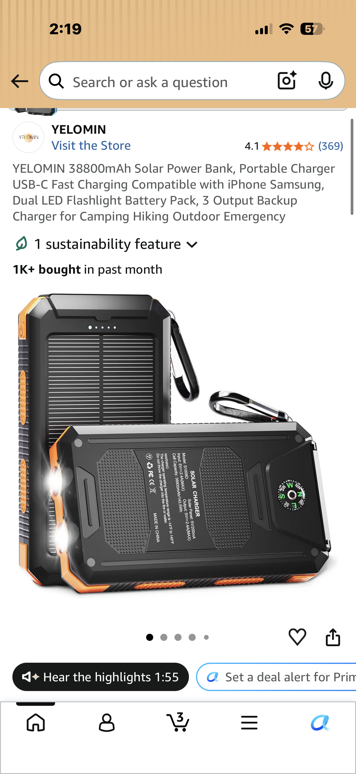 Solar Power Bank, Portable Charger USB-C Fast Charging Compatible with iPhone Samsung, Dual LED Flashlight Battery Pack, 3 Output Backup Charger for Camping Hiking Outdoor Emergency