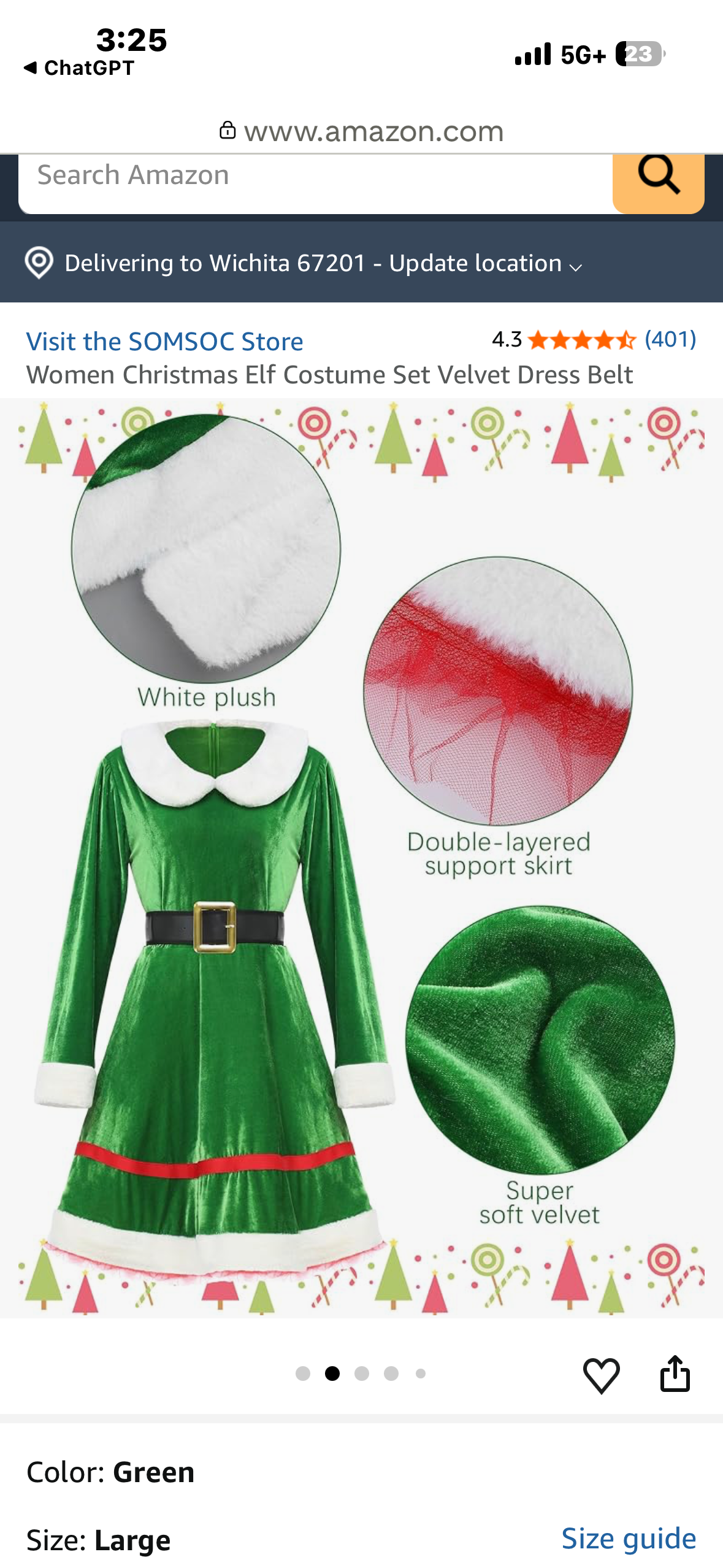 5 Piece Women’s Christmas Elf Costume Set, Velvet Dress, Belt, Striped Over the Knee High Socks, Elf Hat, Shoes, for Cosplay (Size Medium)