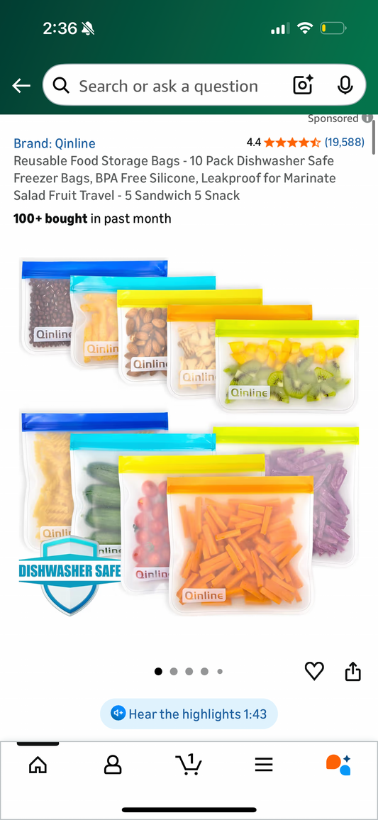 Reusable Food Storage Bags - 10 Pack Dishwasher Safe Freezer Bags, BPA Free Silicone, Leakproof for Marinate Salad Fruit Travel - 5 Sandwich 5 Snack
