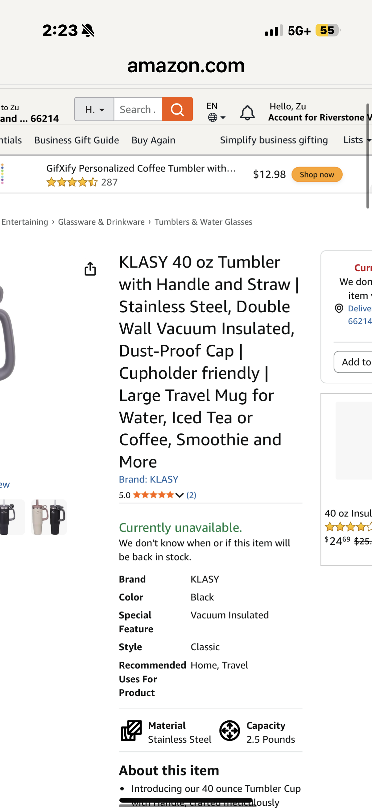 KLASY 40 oz Tumbler with Handle and Straw | Stainless Steel, Double Wall Vacuum Insulated, Dust-Proof Cap | Cupholder friendly | Large Travel Mug for Water, Iced Tea or Coffee, Smoothie and More