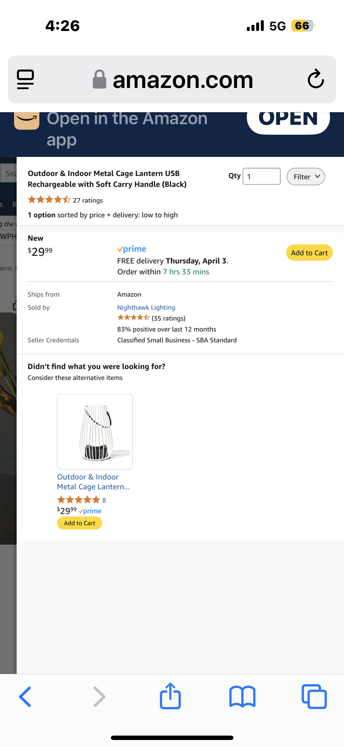 Outdoor & Indoor Metal Cage Lantern USB Rechargeable with Soft Carry Handle (Black)