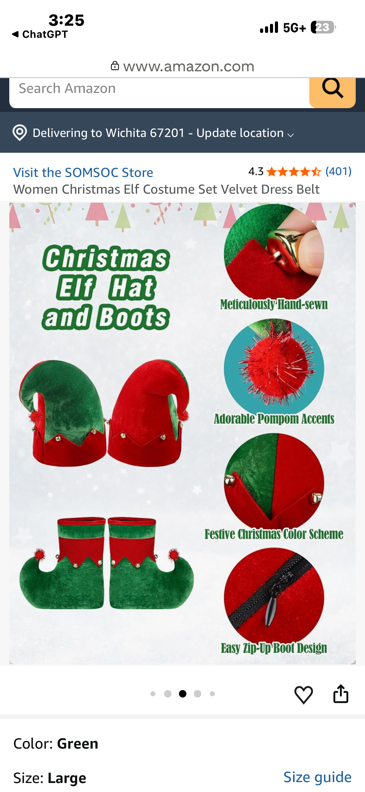 5 Piece Women’s Christmas Elf Costume Set, Velvet Dress, Belt, Striped Over the Knee High Socks, Elf Hat, Shoes, for Cosplay (Size Medium)