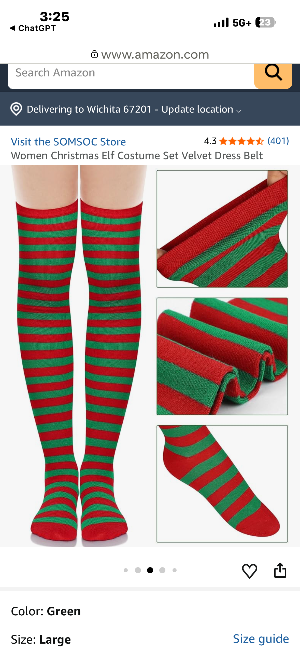 5 Piece Women’s Christmas Elf Costume Set, Velvet Dress, Belt, Striped Over the Knee High Socks, Elf Hat, Shoes, for Cosplay (Size Medium)