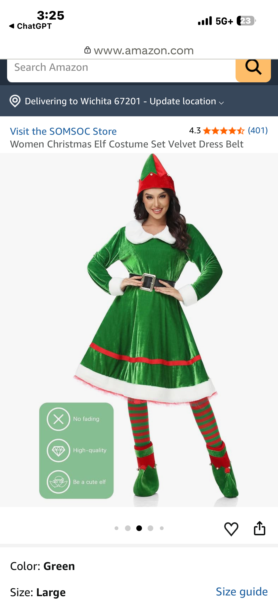 5 Piece Women’s Christmas Elf Costume Set, Velvet Dress, Belt, Striped Over the Knee High Socks, Elf Hat, Shoes, for Cosplay (Size Medium)