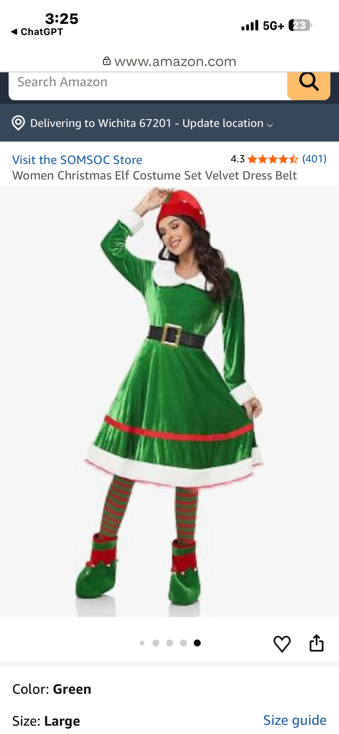 5 Piece Women’s Christmas Elf Costume Set, Velvet Dress, Belt, Striped Over the Knee High Socks, Elf Hat, Shoes, for Cosplay (Size Medium)