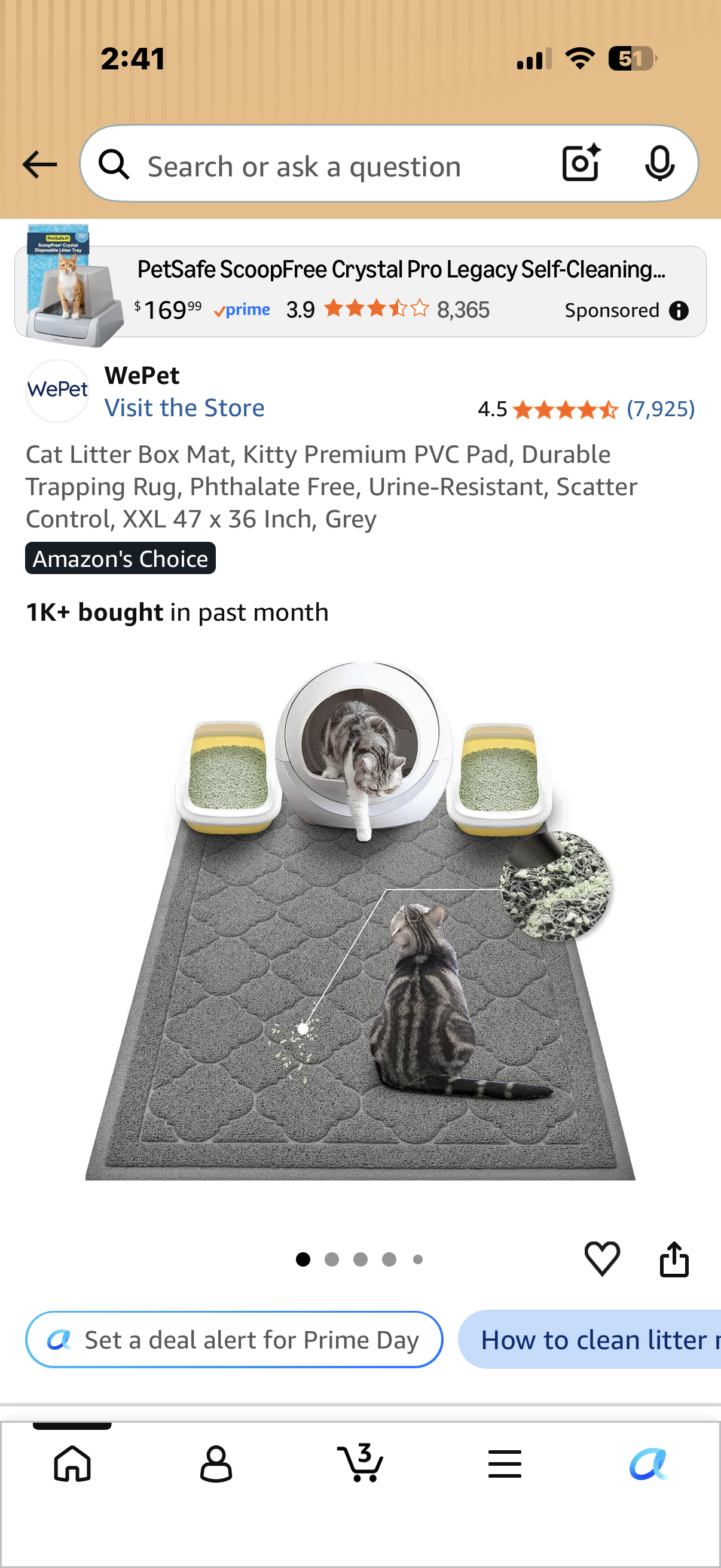 Cat Litter Box Mat, Kitty Premium PVC Pad, Durable Trapping Rug, Phthalate Free, Urine-Resistant, Scatter Control, XXL 47 x 36 Inch, Grey