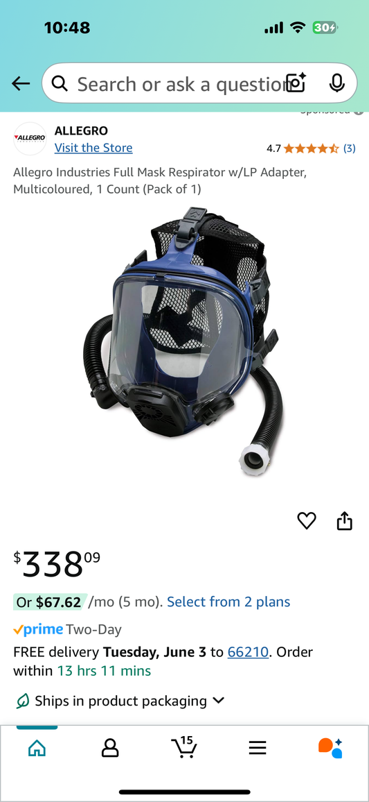 New - Allegro Industries Full Mask Respirator w/LP Adapter and 50' Airline Hose for Breathing Air Blower and Cold Air Respirator Systems (R522)