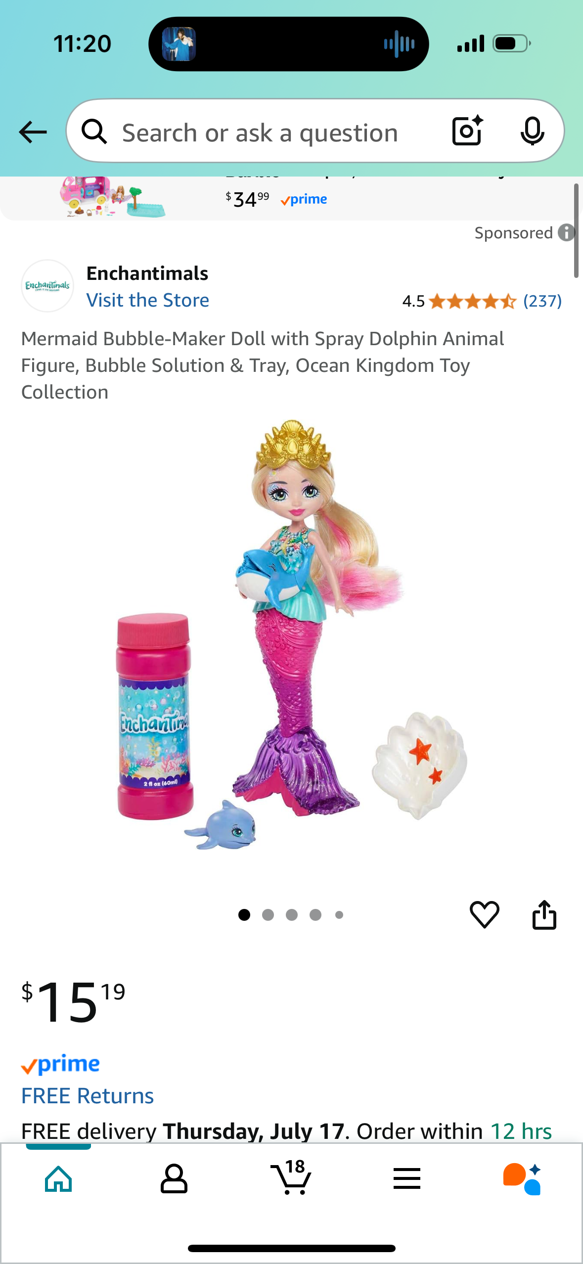 Mermaid Bubble-Maker Doll with Spray Dolphin Animal Figure, Bubble Solution & Tray, Ocean Kingdom Toy Collection