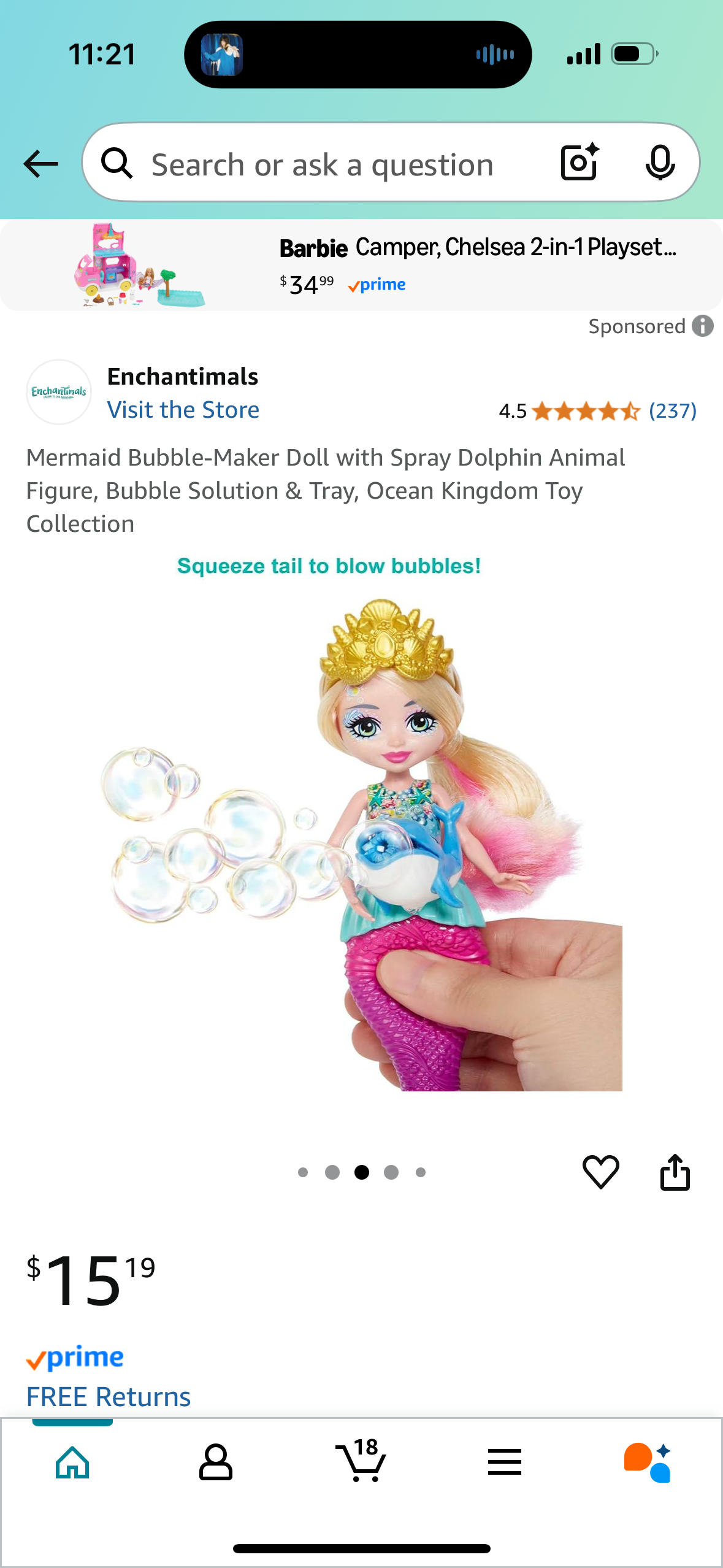 Mermaid Bubble-Maker Doll with Spray Dolphin Animal Figure, Bubble Solution & Tray, Ocean Kingdom Toy Collection