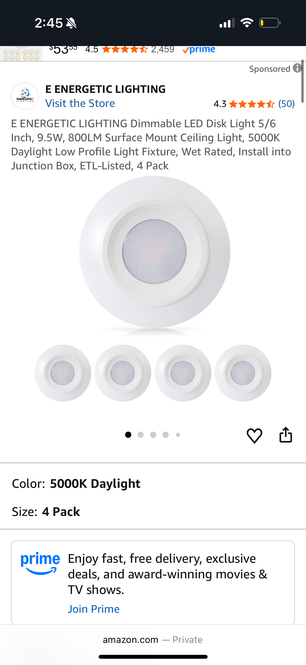 6 Pack E ENERGETIC LIGHTING Dimmable LED Disk Light 5/6 Inch, 9.5W, 800LM Surface Mount Ceiling Light, 5000K Daylight Low Profile Light Fixture, Wet Rated, Install into Junction Box, ETL-Listed