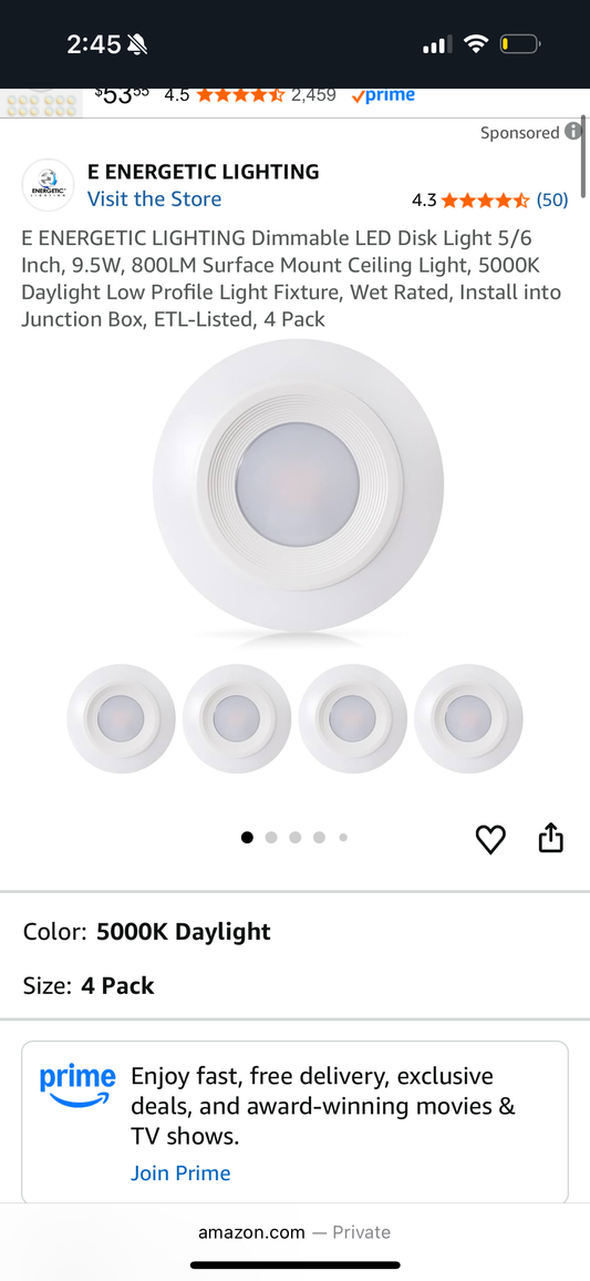 6 Pack E ENERGETIC LIGHTING Dimmable LED Disk Light 5/6 Inch, 9.5W, 800LM Surface Mount Ceiling Light, 5000K Daylight Low Profile Light Fixture, Wet Rated, Install into Junction Box, ETL-Listed