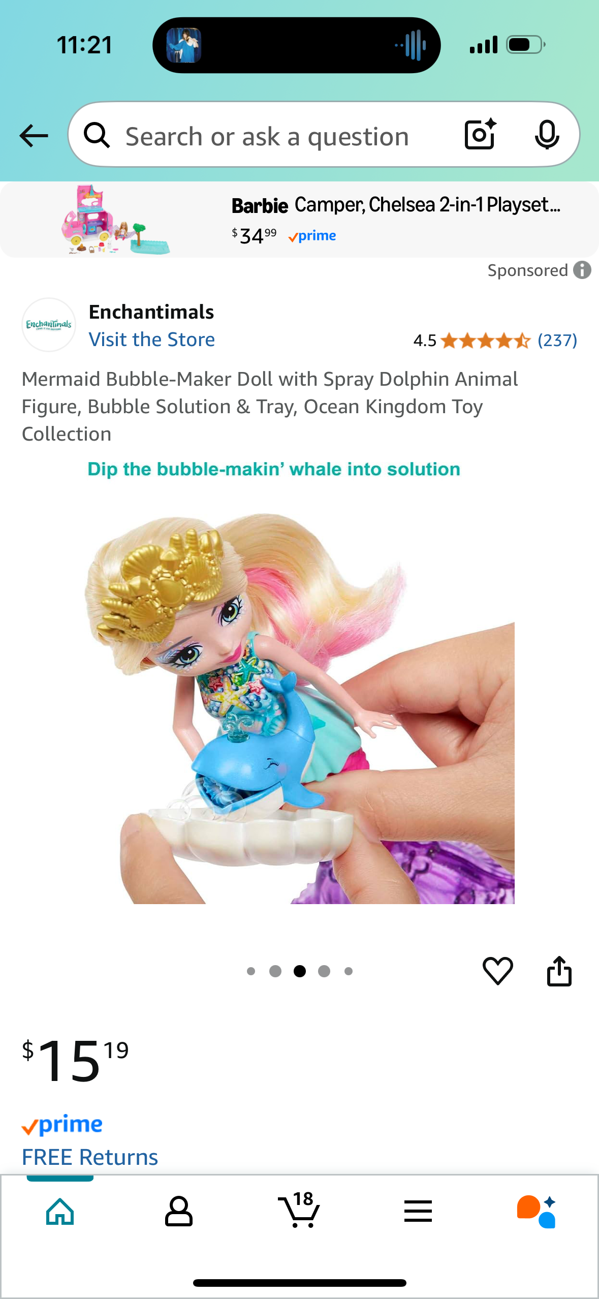 Mermaid Bubble-Maker Doll with Spray Dolphin Animal Figure, Bubble Solution & Tray, Ocean Kingdom Toy Collection
