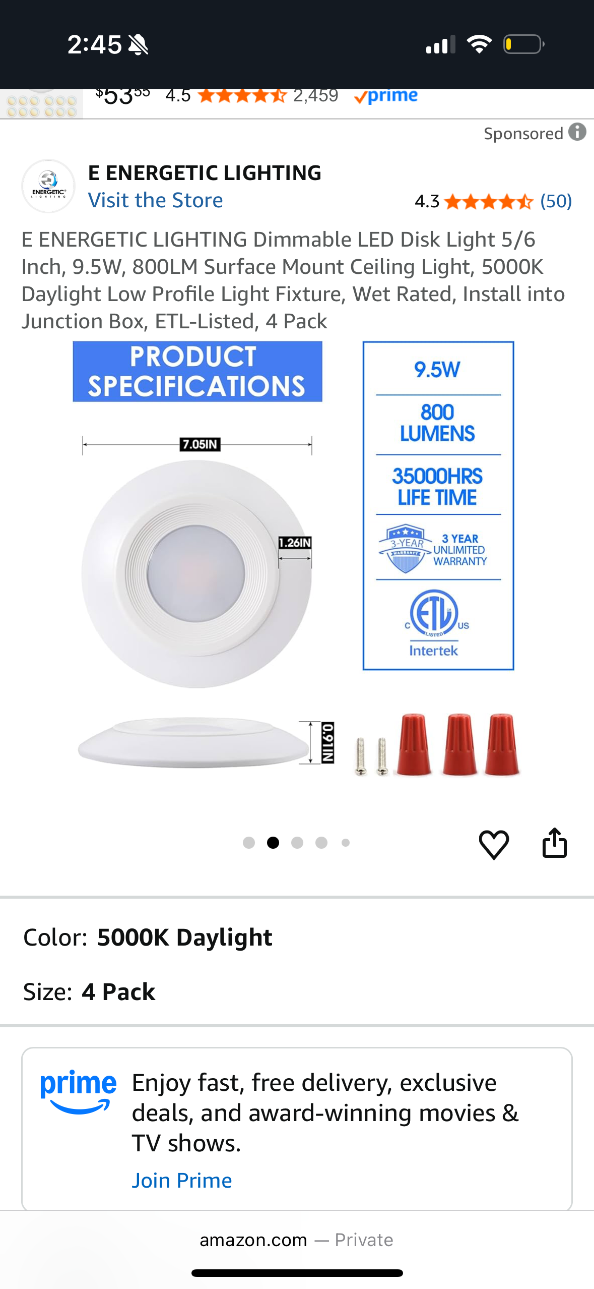 6 Pack E ENERGETIC LIGHTING Dimmable LED Disk Light 5/6 Inch, 9.5W, 800LM Surface Mount Ceiling Light, 5000K Daylight Low Profile Light Fixture, Wet Rated, Install into Junction Box, ETL-Listed