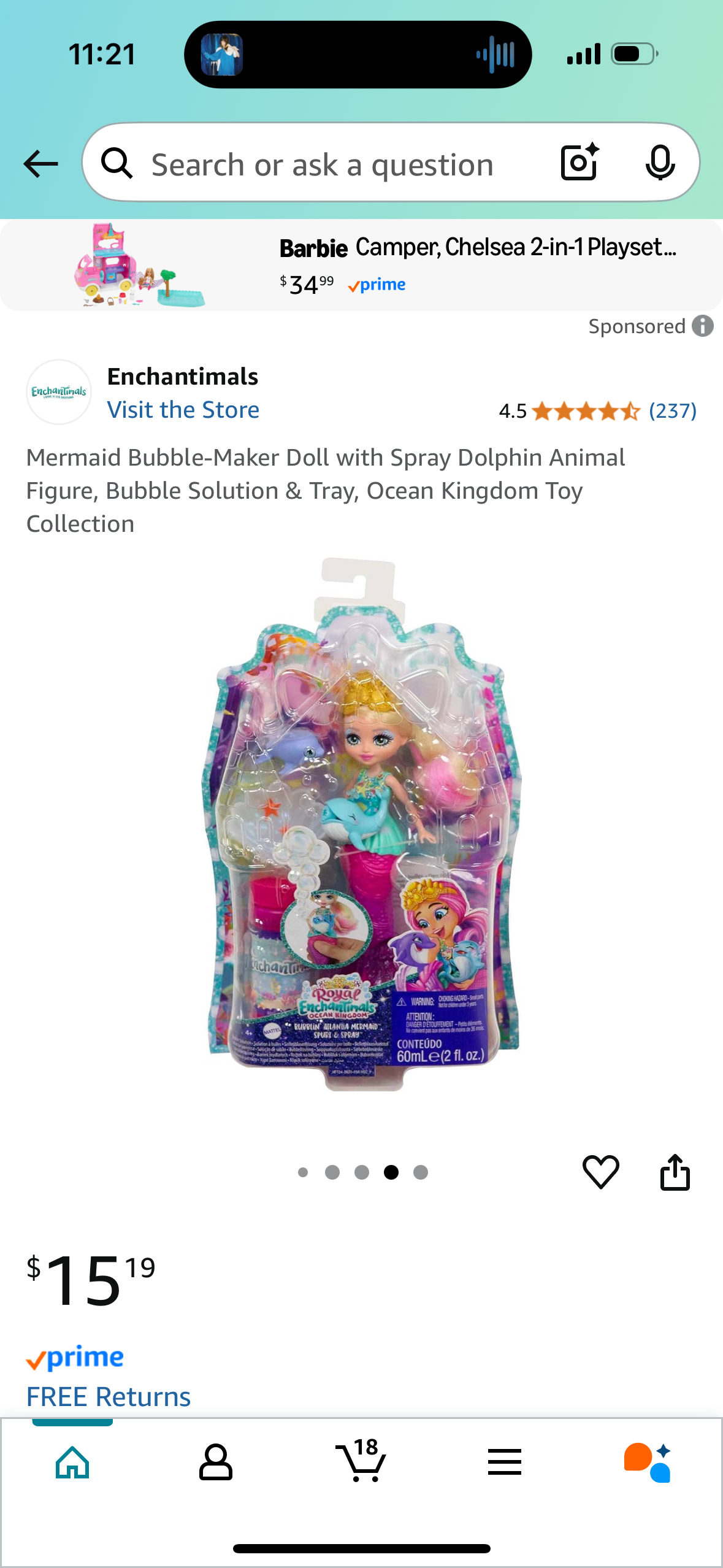 Mermaid Bubble-Maker Doll with Spray Dolphin Animal Figure, Bubble Solution & Tray, Ocean Kingdom Toy Collection