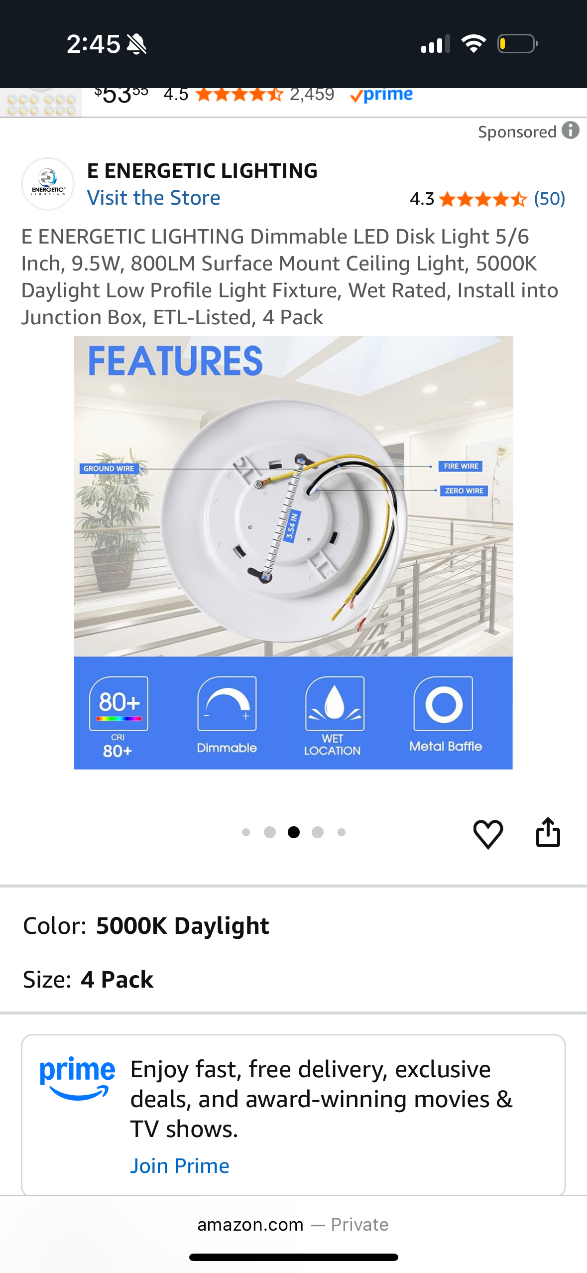 6 Pack E ENERGETIC LIGHTING Dimmable LED Disk Light 5/6 Inch, 9.5W, 800LM Surface Mount Ceiling Light, 5000K Daylight Low Profile Light Fixture, Wet Rated, Install into Junction Box, ETL-Listed