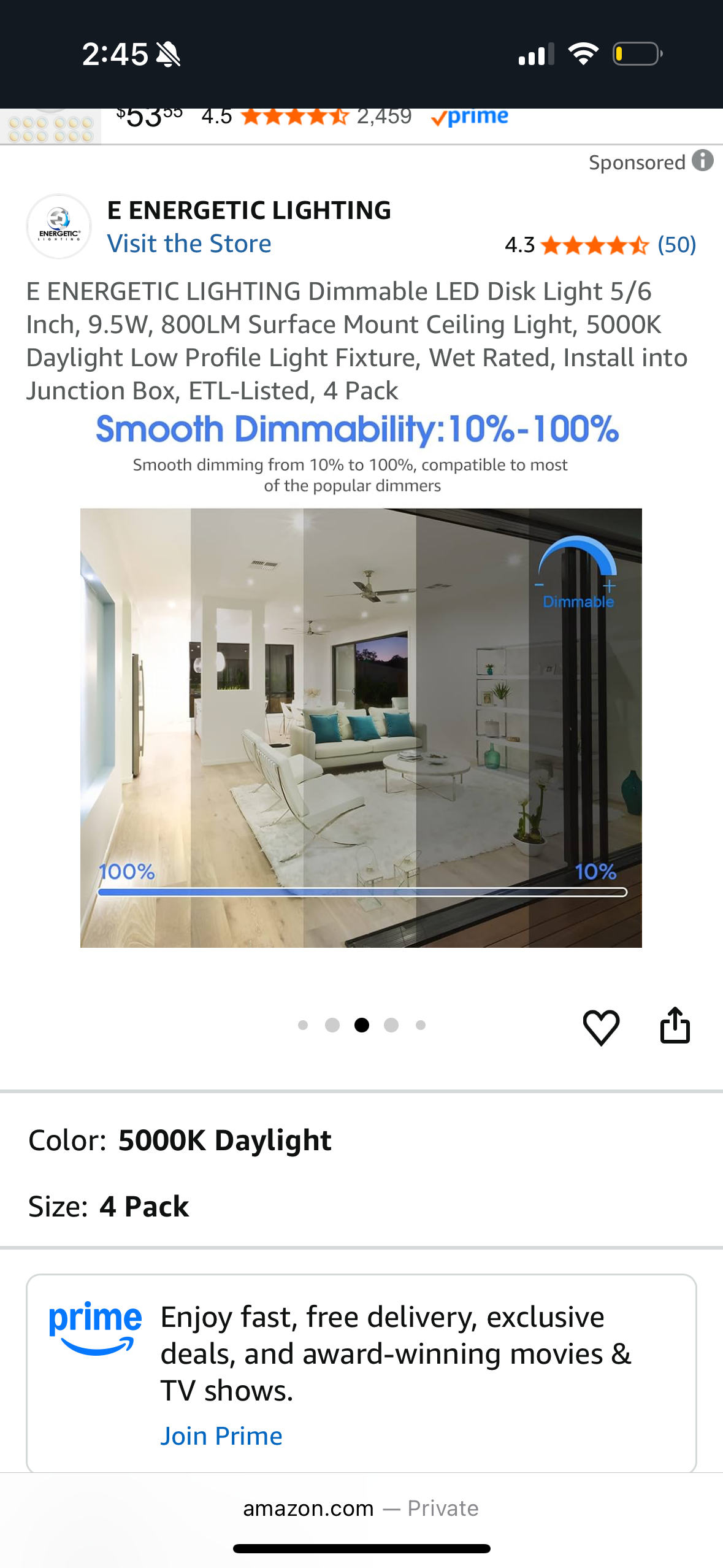 6 Pack E ENERGETIC LIGHTING Dimmable LED Disk Light 5/6 Inch, 9.5W, 800LM Surface Mount Ceiling Light, 5000K Daylight Low Profile Light Fixture, Wet Rated, Install into Junction Box, ETL-Listed