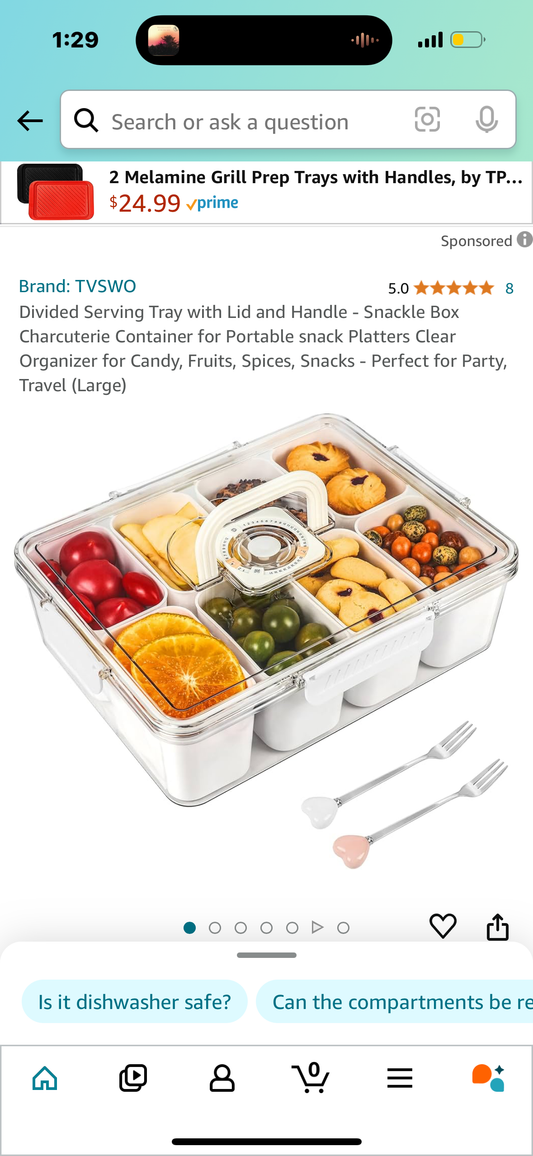 Divided Serving Tray with Lid and Handle - Snackle Box Charcuterie Container for Portable snack Platters Clear Organizer for Candy, Fruits, Spices, Snacks - Perfect for Party, Travel (Large)