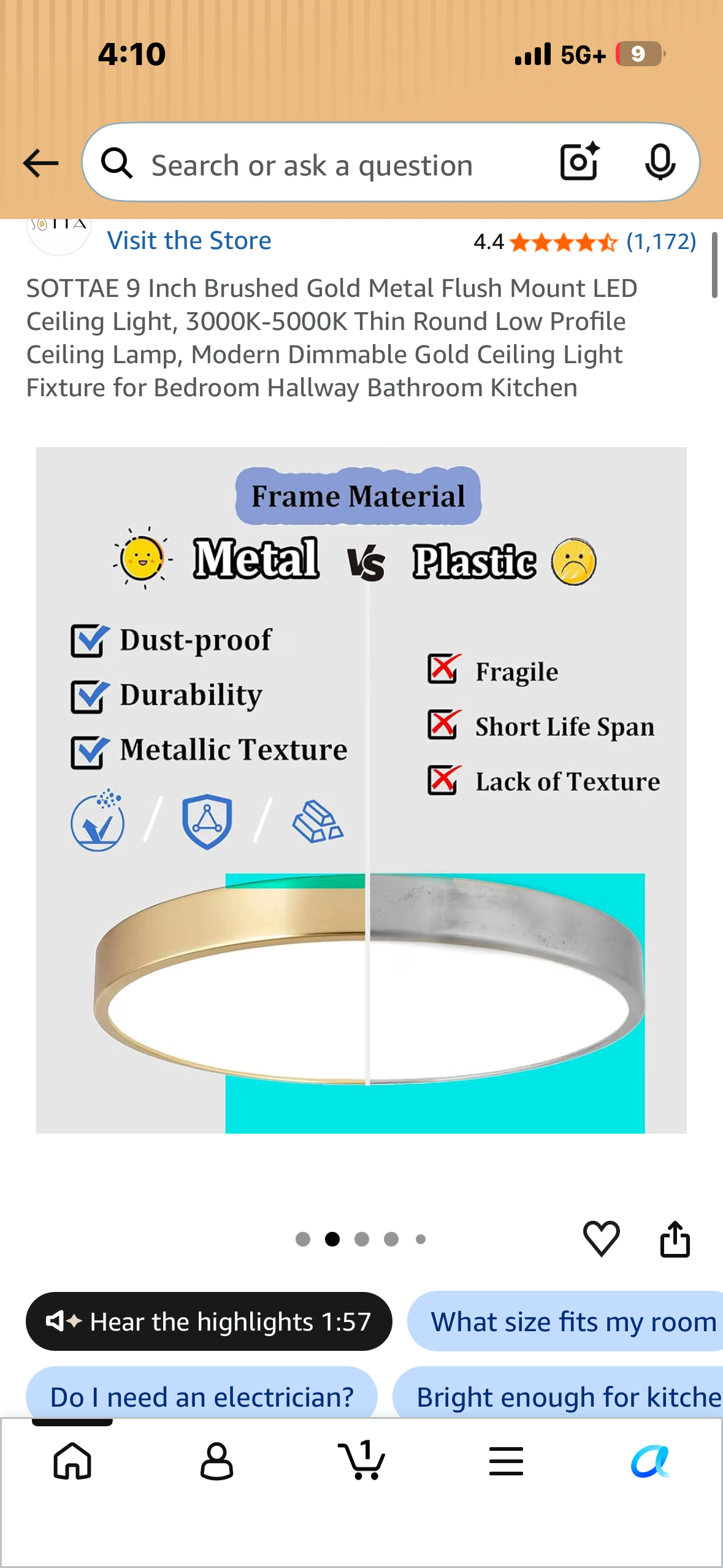 SOTTAE 9 Inch Brushed Gold Metal Flush Mount LED Ceiling Light, 3000K-5000K Thin Round Low Profile Ceiling Lamp, Modern Dimmable Gold Ceiling Light Fixture for Bedroom Hallway Bathroom Kitchen