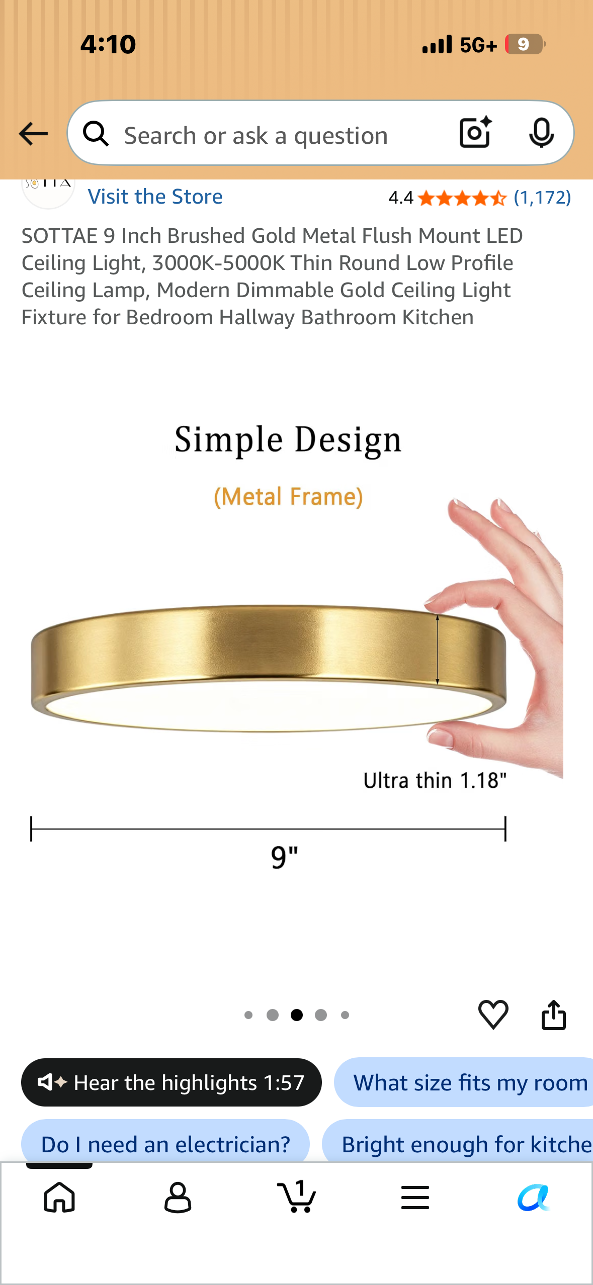 SOTTAE 9 Inch Brushed Gold Metal Flush Mount LED Ceiling Light, 3000K-5000K Thin Round Low Profile Ceiling Lamp, Modern Dimmable Gold Ceiling Light Fixture for Bedroom Hallway Bathroom Kitchen