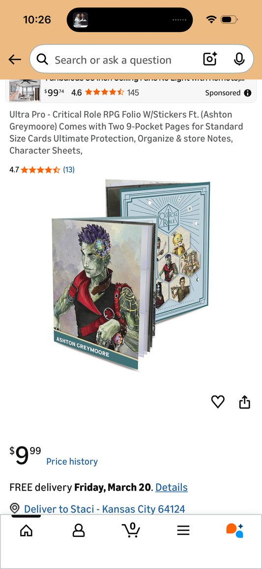 Ultra Pro - Critical Role RPG Folio W/Stickers Ft. (Ashton Greymoore) Comes with Two 9-Pocket Pages for Standard Size Cards Ultimate Protection, Organize & store Notes, Character Sheets,