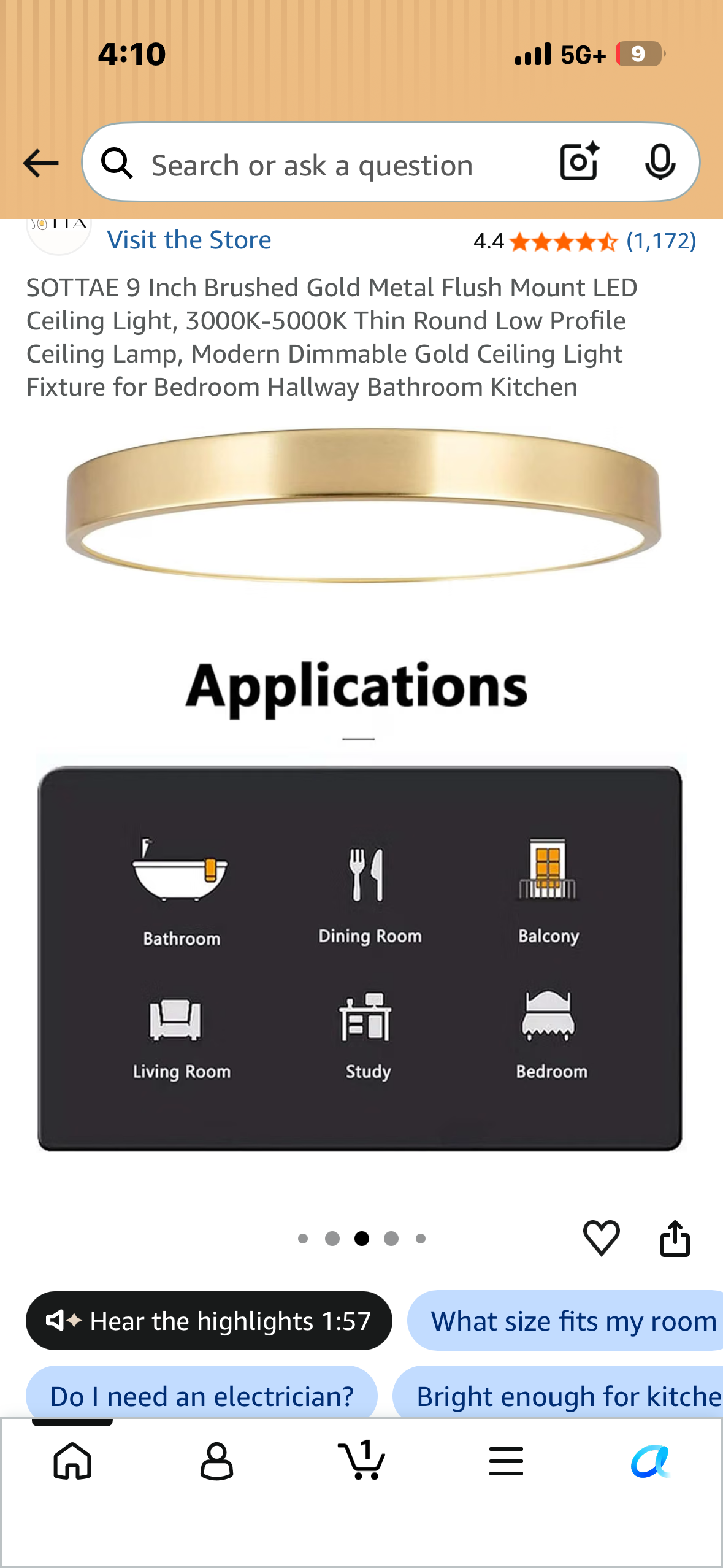 SOTTAE 9 Inch Brushed Gold Metal Flush Mount LED Ceiling Light, 3000K-5000K Thin Round Low Profile Ceiling Lamp, Modern Dimmable Gold Ceiling Light Fixture for Bedroom Hallway Bathroom Kitchen