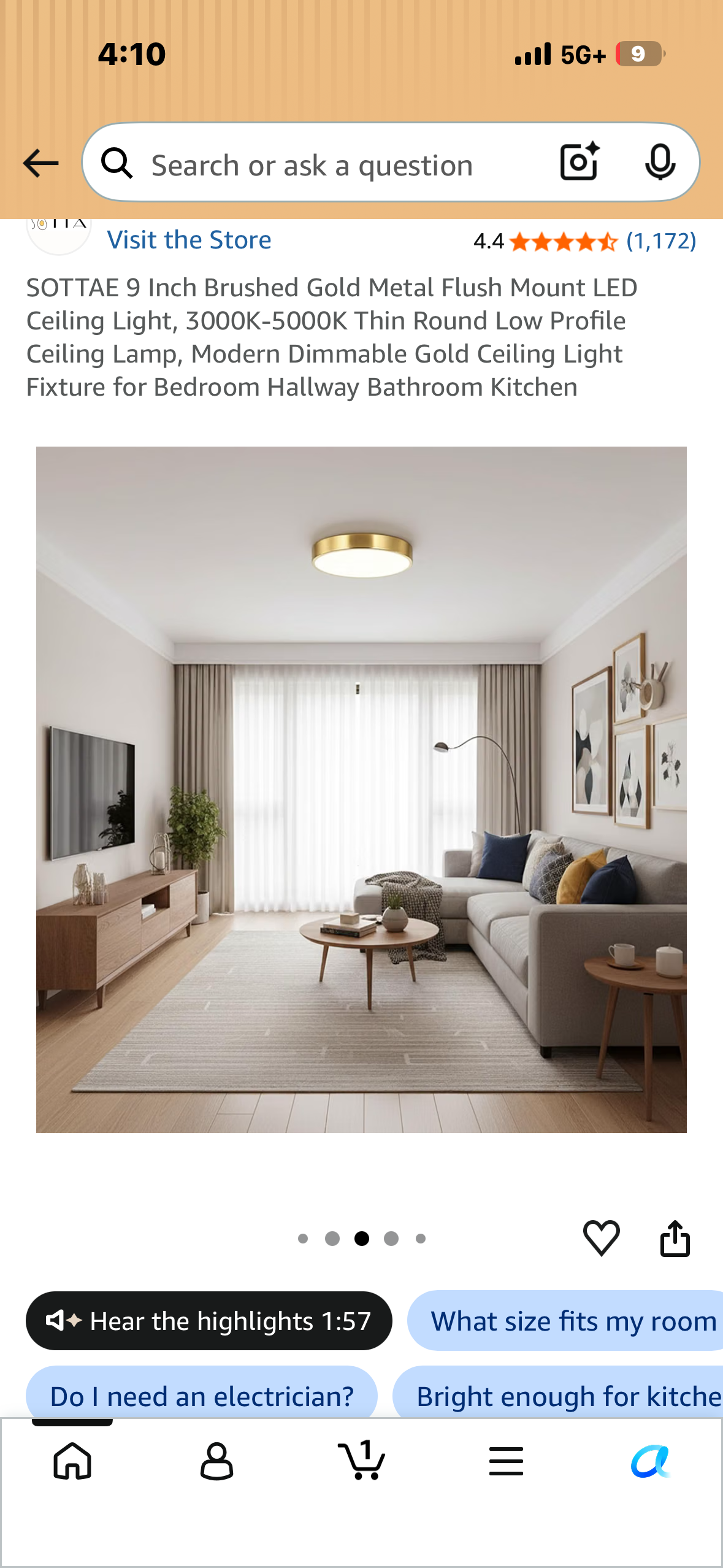 SOTTAE 9 Inch Brushed Gold Metal Flush Mount LED Ceiling Light, 3000K-5000K Thin Round Low Profile Ceiling Lamp, Modern Dimmable Gold Ceiling Light Fixture for Bedroom Hallway Bathroom Kitchen
