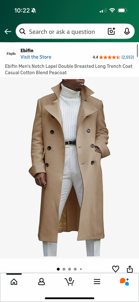 Men's Notch Lapel Double Breasted Long Trench Coat (Size Medium)