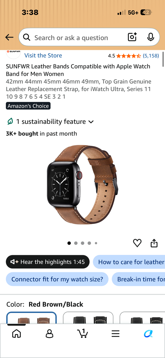 Leather Band Compatible with Apple Watch Ultra 2/Ultra Band 42mm 44mm 45mm 49mm for Men, Vintage Watch Strap for iWatch Series 9 8 7 6 5 4 3 2 1 SE, Grain Genuine Replacement (Brown)