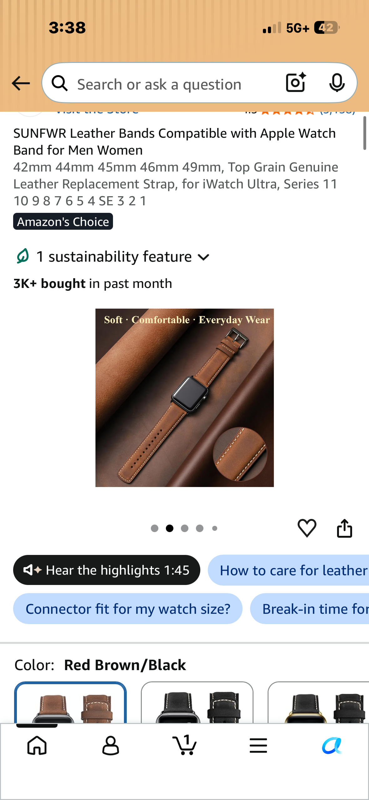 Leather Band Compatible with Apple Watch Ultra 2/Ultra Band 42mm 44mm 45mm 49mm for Men, Vintage Watch Strap for iWatch Series 9 8 7 6 5 4 3 2 1 SE, Grain Genuine Replacement (Brown)