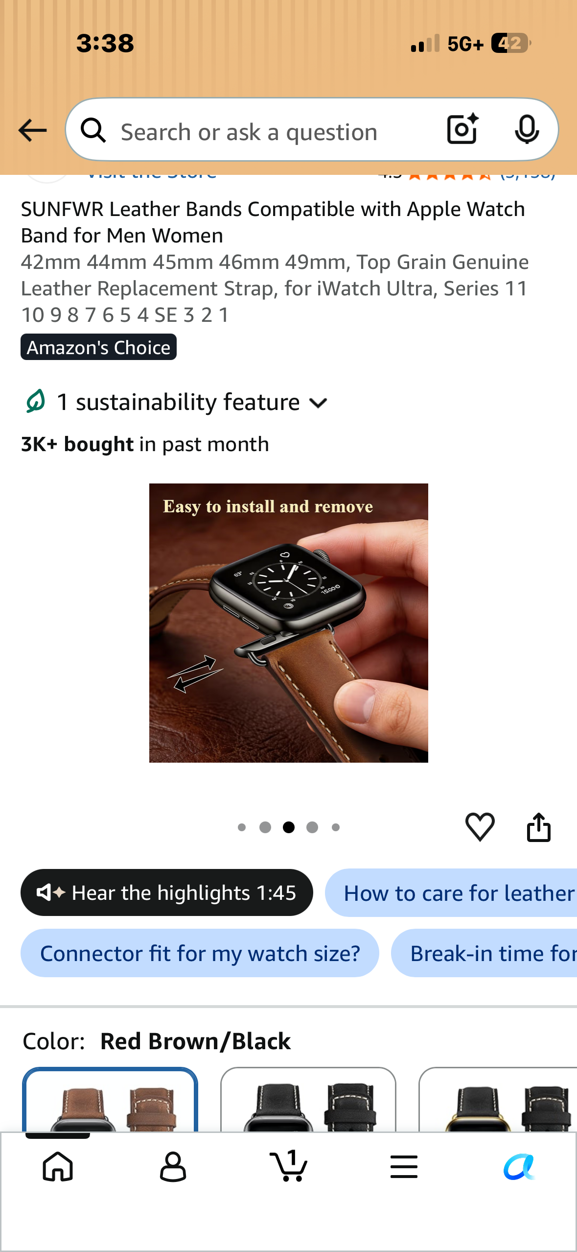 Leather Band Compatible with Apple Watch Ultra 2/Ultra Band 42mm 44mm 45mm 49mm for Men, Vintage Watch Strap for iWatch Series 9 8 7 6 5 4 3 2 1 SE, Grain Genuine Replacement (Brown)