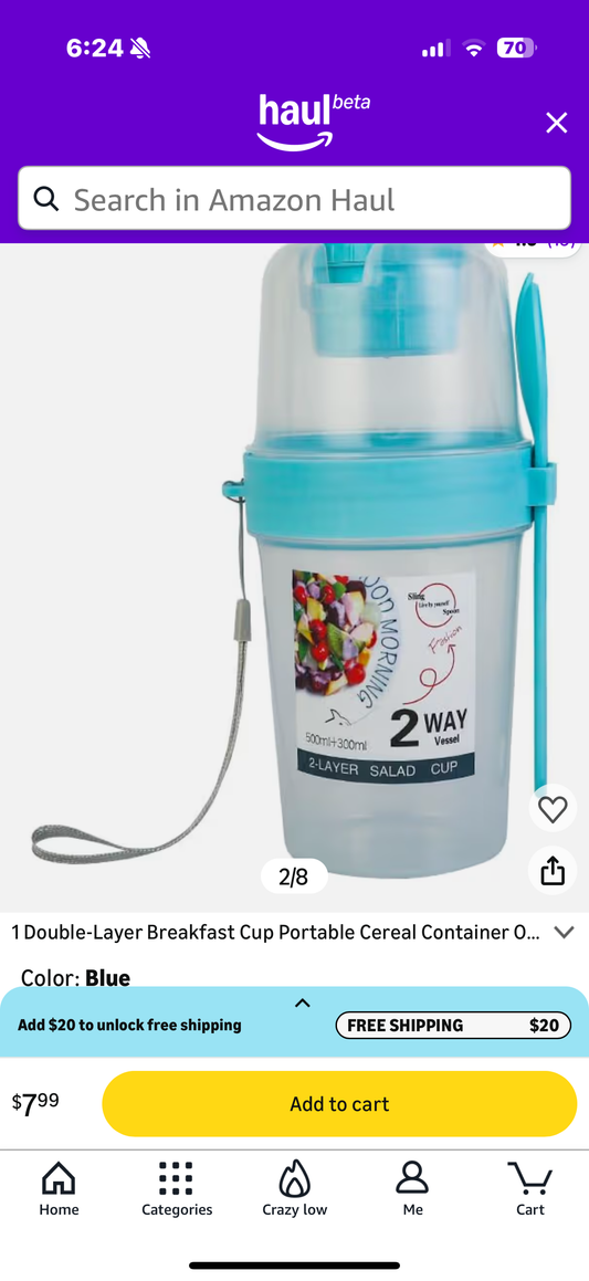 1 Double-Layer Breakfast Cup Portable Cereal Salad Container