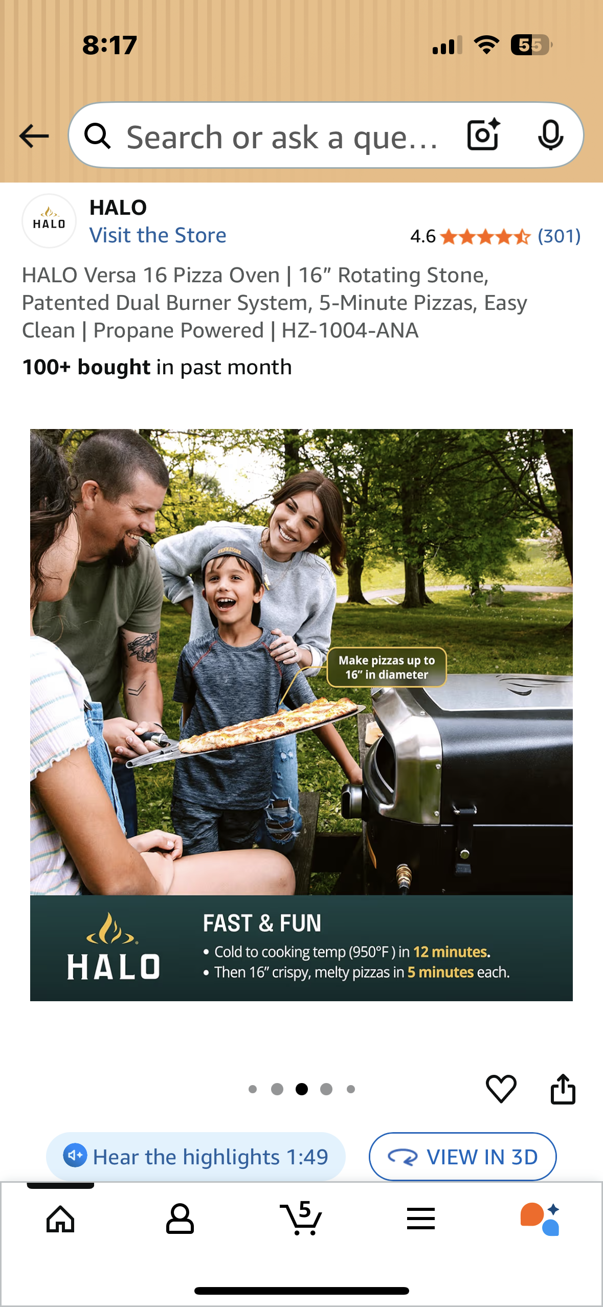 HALO Versa 16 Pizza Oven, 16” Rotating Stone, Patented Dual Burner System, 5-Minute Pizzas, Easy Clean, Propane Powered (R716)