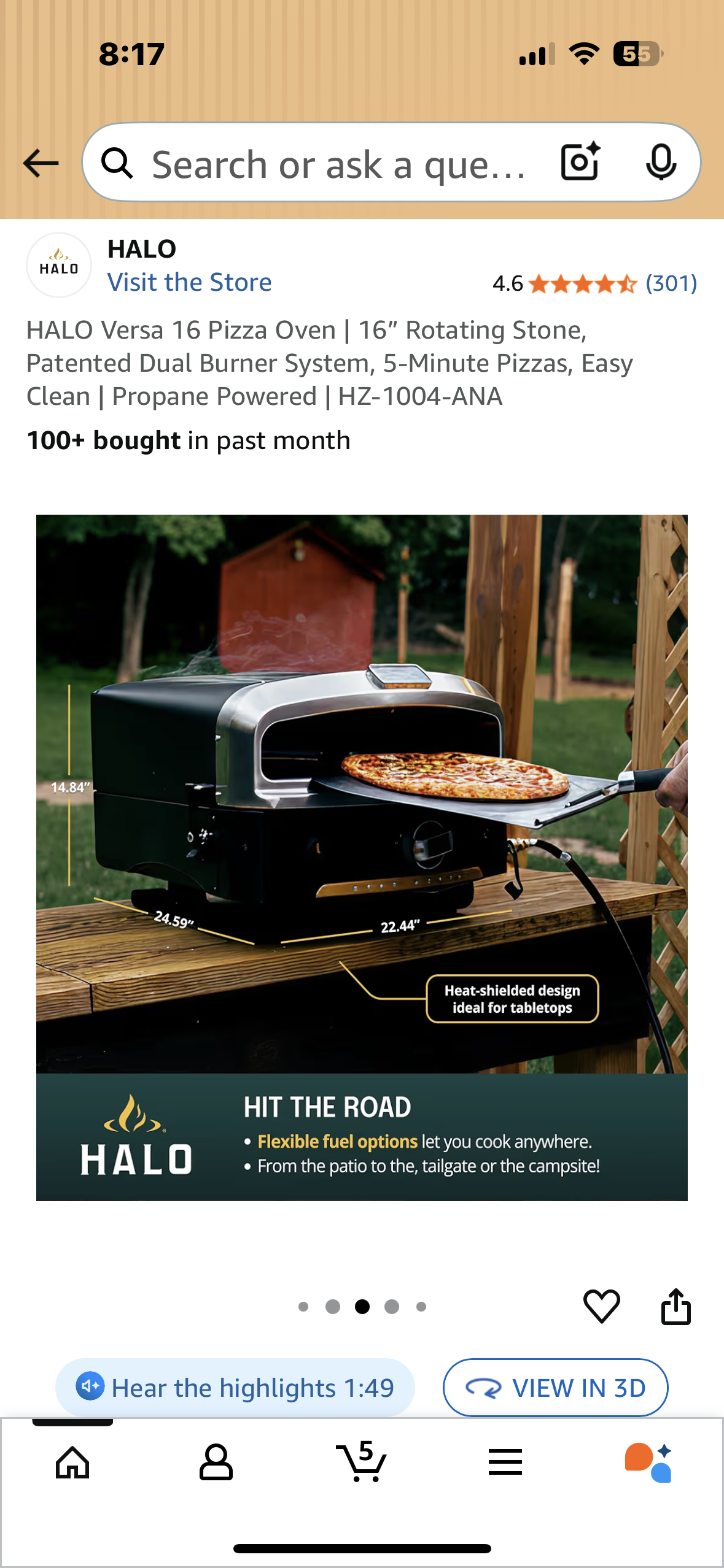 HALO Versa 16 Pizza Oven, 16” Rotating Stone, Patented Dual Burner System, 5-Minute Pizzas, Easy Clean, Propane Powered (R716)